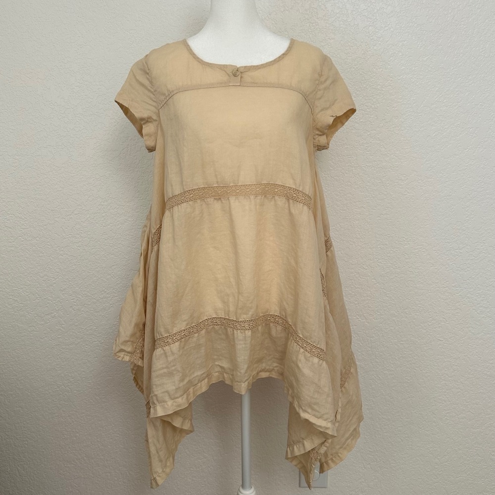 Beulah Tunic Boho Top Women S Beige Ramie Crochet Lace Handkerchief Hem Festival